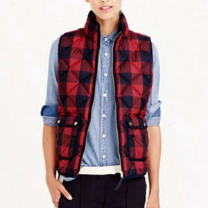J.Crew Quilted Excursion Vest Buffalo Check Plaid Red Navy Down Puffer Sz PM